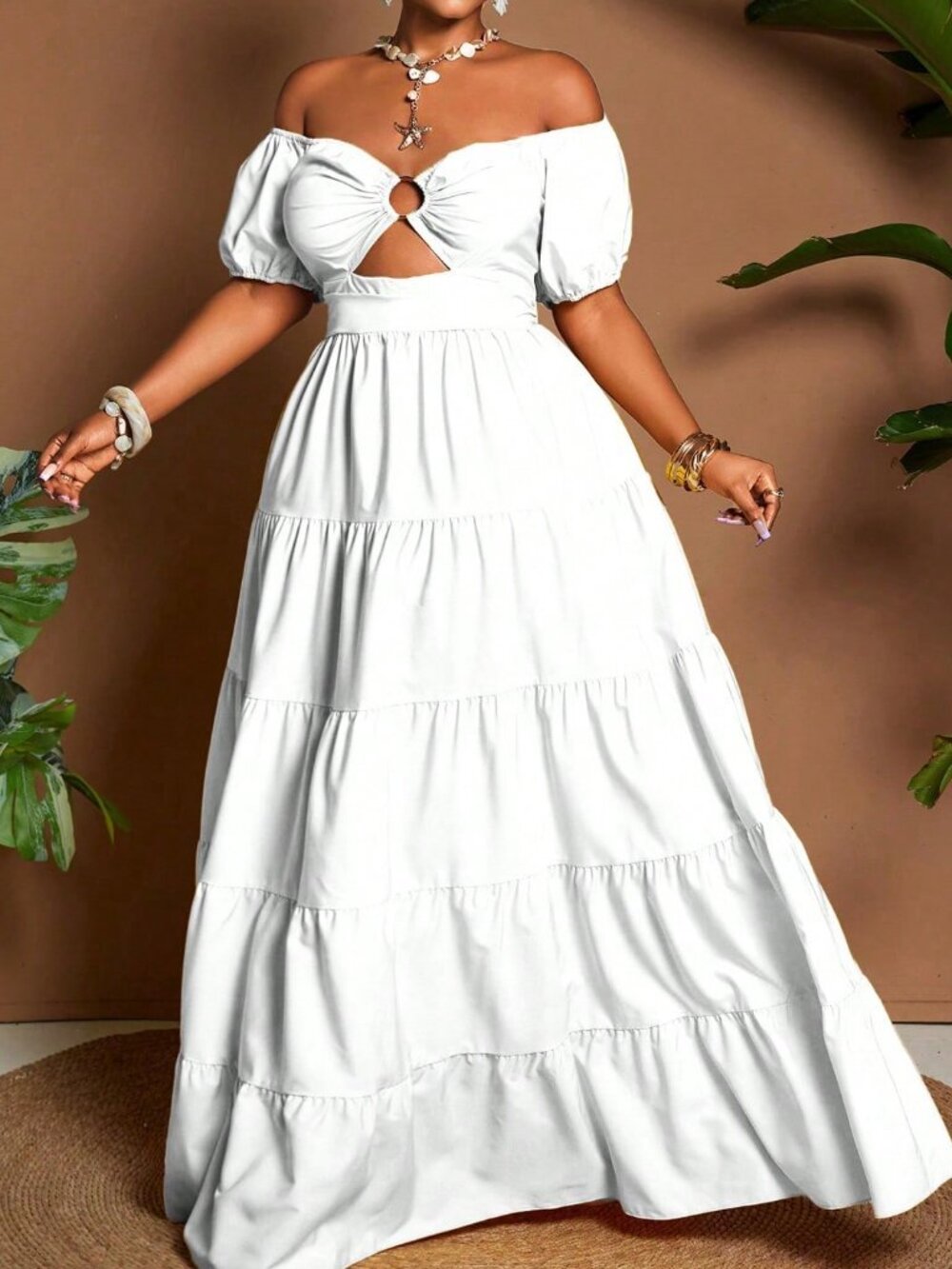 White Boho Women's Plus Size Vacation Off-Shoulder Petal Sleeve maxi Dress - Picture 5 of 8